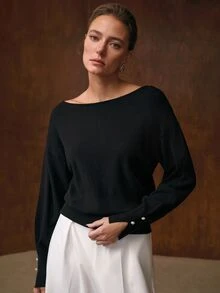 MOTF PREMIUM WOMEN'S BLACK KNIT SWEATER, ELEGANT FOR DATING AND COMMUTING, AUTUMN/WINTER - Black - View 7