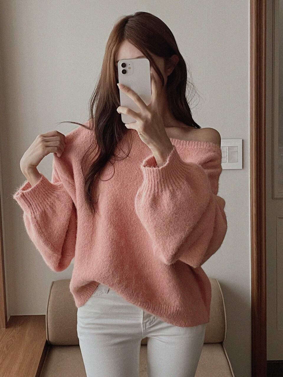 Women's Solid Color Loose Asymmetric Neck Long Sleeve Lantern Sleeve Casual Vacation Autumn/Winter Knit Sweater
