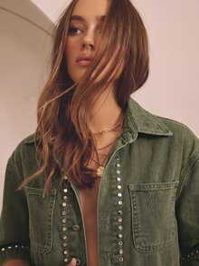 Aralina Women's Studded Cropped Denim Top - Army Green - View 4