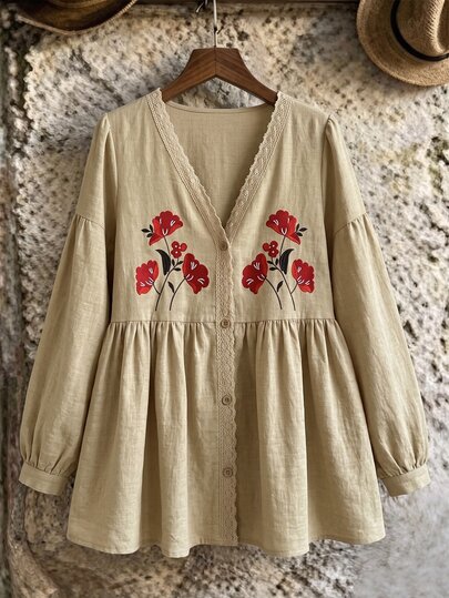SHEIN The Woman's Long-Sleeved Apricot V-Neck V-Neck Edge Is Paired With Exquisite Lacy Lace Trim. The Doll Shirt Silhouette + Bell Sleeves, Symmetrical Red
