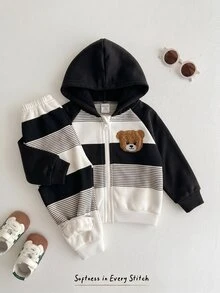 Cozy Pixies 嬰兒男孩女孩卡通熊圖案拼色長袖秋冬夾克彈性腰長褲 2 件套 刷毛內裡加厚冬季款 - 彩色 - 查看 1