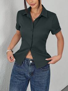 SHEIN PETITE Women's Solid Color Casual Versatile Daily Wear Shirt - Dark Grey - View 4