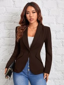 SHEIN PETITE 秋冬通勤穿搭，綠色水果領單扣黑色西裝外套 - 棕色 - 查看 1
