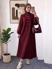 Solavon Women's Loose Long Sleeve Dress With Frog Button Design - Burgundy - View 7