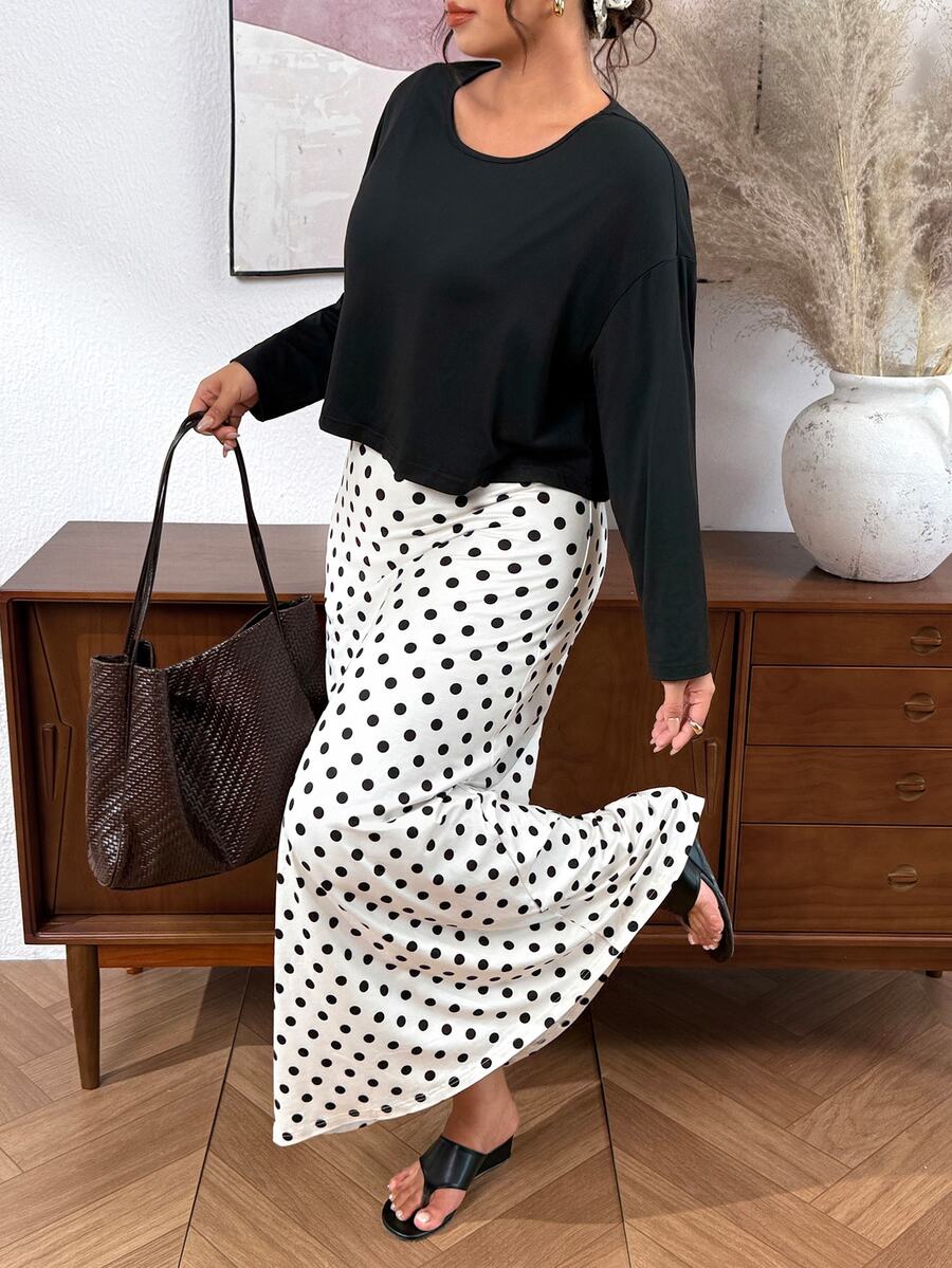 SHEIN Frenchy Plus Size Women Polka Dot Dress And Solid Color Top 2 Pieces Set - Multicolor - View 1