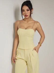 SHEIN PETITE Setelan Rompi dan Celana Panjang Kuning yang Stylish untuk Wanita Bertubuh Mungil - Ideal untuk Bisnis dan Perjalanan Sehari-hari. - Kuning - View 6