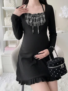 Dazy Maternity Patchwork Contrast Color Fitted Long Sleeve Ruched Trim Casual Vacation Spring Autumn Maternity Dress - Black - View 3
