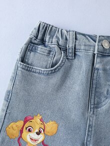 SHEIN | PAW Patrol Young Girl Letter Cartoon Pattern Pocket Casual Denim Jeans - Blue - View 5