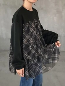 FRIFUL Women's Casual Plaid Patchwork Sweatshirt, Autumn - Black - View 2