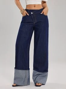 SHEIN Tall 女款時尚通勤不對稱腰線牛仔褲 - 深色水洗藍 - 查看 4