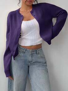 SHEIN Tall CURVE 大尺碼女款休閒純色圓領長袖寬鬆短版開襟針織外套 - 紫色 - 查看 3