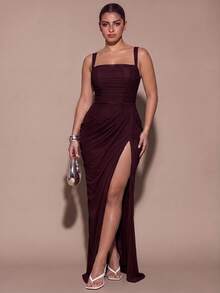 SHEIN BAE CURVE Plus Size Women Elegant Pleated Front Slit Dress For Date - Maroon - View 6