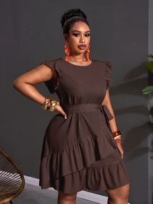 Slaydiva Đầm size lớn phong cách thường ngày màu trơn gấu bèo nhún - màu nâu - Xem 8
