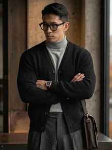 DAZY Autumn/Winter V-Neck Cardigan With Cuffed Sleeves And Hem, Solid Black Commuter Style Men's Cardigan - Black - View 4