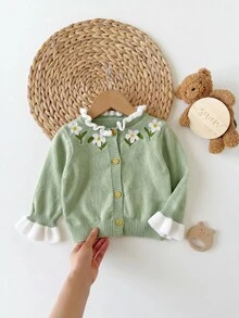 SHEIN 新生兒花卉刺繡圖案休閒日常毛衣 - 綠色 - 查看 7