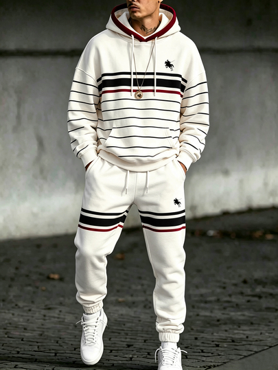 Manfinity Homme Men's Striped Drop Shoulder Long Sleeve Drawstring Hooded Sweatshirt And Sweatpants Casual Set