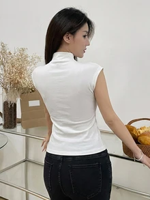 DAZY 夏季休閒純色立領短袖 T-shirt - 白色 - 查看 6