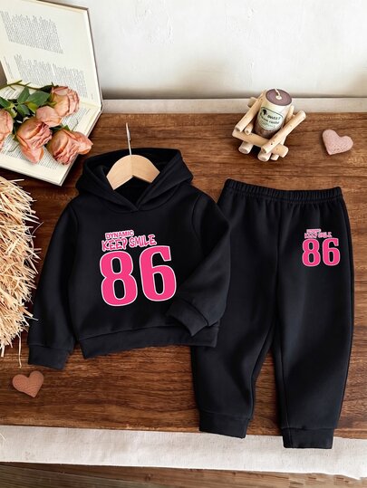 Baby Girl 2‑Piece Outfit, Number 86 Letter Print Hoodie & Sweatpants Set, Casual Long Sleeve Hooded