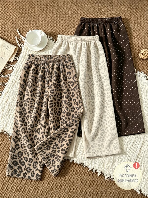 Girls' Vintage Leopard Print & Polka Dot Wide Leg Casual Pants, Loose Straight Leg Long Trousers, 3 Colors: Leopard Print, Soft Beige Leopard, Coffee Polka Dot, Versatile For Sweatshirts, T-Shirts, Daily School, Outings, Korean Ins Style, Practical And Easy To Match, Autumn/Winter, Halloween, Christmas, Back To School Season
