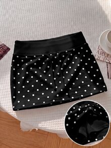 SHEIN Tween Girl Tween Girl Tween Girls Skirts Knitted Small Polka Dot With Built-In Leggings Casual Drawstring Skirt - Black - View 2