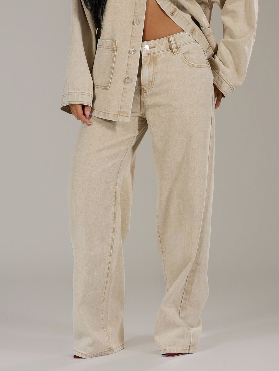 Petite Beige Washed Low Rise Baggy Denim Jeans  Autumn Winter Back To School Daily Everyday