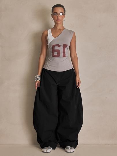 Musera Petite Petite Black Nylon Balloon Fit Hem Pleat Button Detail Trousers Autumn Winter Back To School Daily Everyday