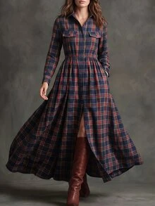 Solivie 女款秋季長洋裝，彩色格紋，適合日常辦公穿著 - 彩色 - 查看 6