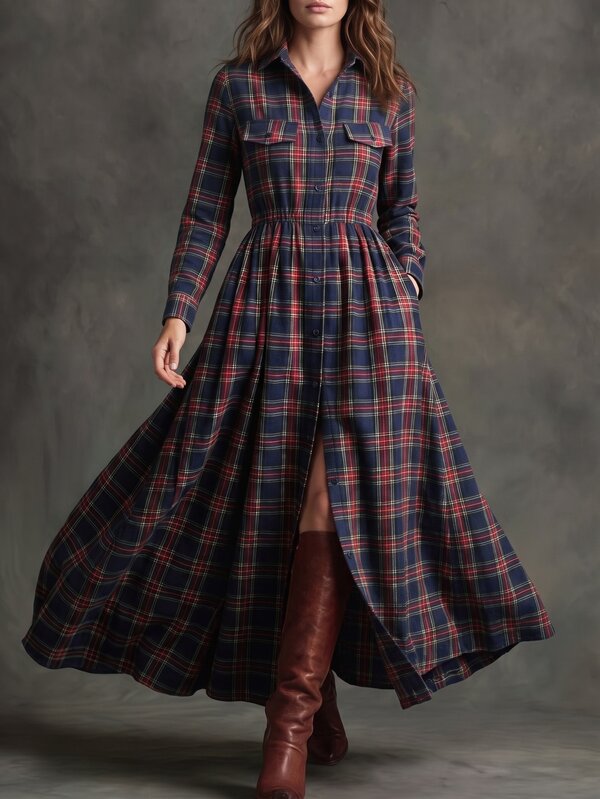 Solivie Women's Autumn Long Dress, Colorful Plaid, Suitable For Daily Office Wear
