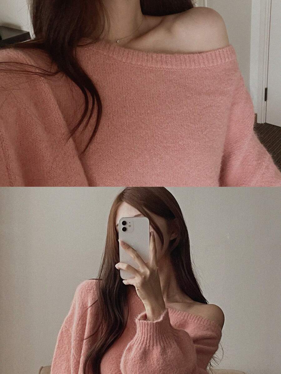 DAZY Women's Solid Color Loose Asymmetric Neck Long Sleeve Lantern Sleeve Casual Vacation Autumn/Winter Knit Sweater - Pink - View 1
