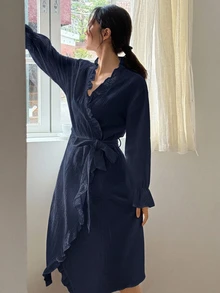 DAZY Romantic Ruffle Trim Long Lapel Robe Women's Loungewear - Navy Blue - View 5