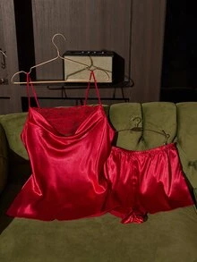 SilkySpell Plus Size Red Camisole & Shorts Set, Lace Patchwork Sexy Sleepwear - Red - View 7