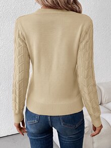 SHEIN Clasi 女款V領長袖針織衫，秋冬長袖上衣 - 卡其色 - 查看 2