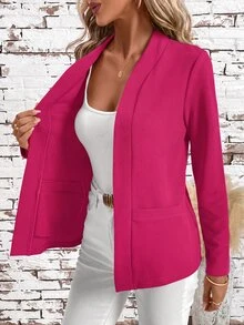 SHEIN Clasi 女款無領百搭純色優雅極簡百搭舒適紅色標準版夾克 - 玫紅色 - 查看 4