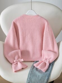 SHEIN Girls' Pink Fashionable Bow Pattern Jacquard Knit Pullover Sweater Long Sleeve Top - Pink - View 2