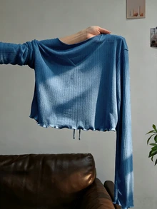 Resyla 大尺碼法式風情吊帶洋裝外穿式荷葉邊飾長袖 T-shirt 外罩針織防曬上衣 女款夏季 - 藍色 - 查看 2
