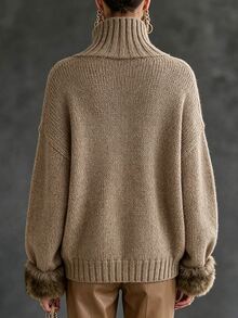 LUMIGAL Women's Solid Color Casual Versatile Daily Wear Long Sleeve Sweater - Khaki - View 3