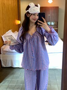 DAZY Women's Plaid Long Sleeve Top And Pants Casual Daily Home Sleepwear Set Fall - Pink - View 5