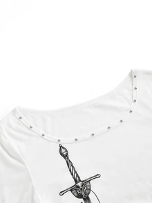 ROMWE Grunge Punk Punk Casual Sword Slogan Print Sheer Fitted Long Sleeve Top - White - View 3