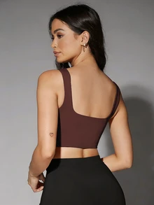 Silquee Casual Versatile Solid Color Seamless Cropped Tank Top - Brown - View 2