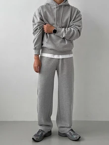 DAZY Men's Autumn/Winter Light Gray Floral Fleece Hoodie Sweatshirt And Straight Leg Sweatpants Set With Ribbed Hem And Cuffs, Elastic Waist - Grey - View 3
