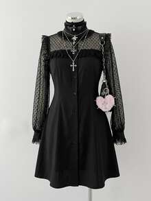 Sunspun Plus Size Women's Dark Style Polka Dot Mesh Patchwork Dress Fall - Black - View 4