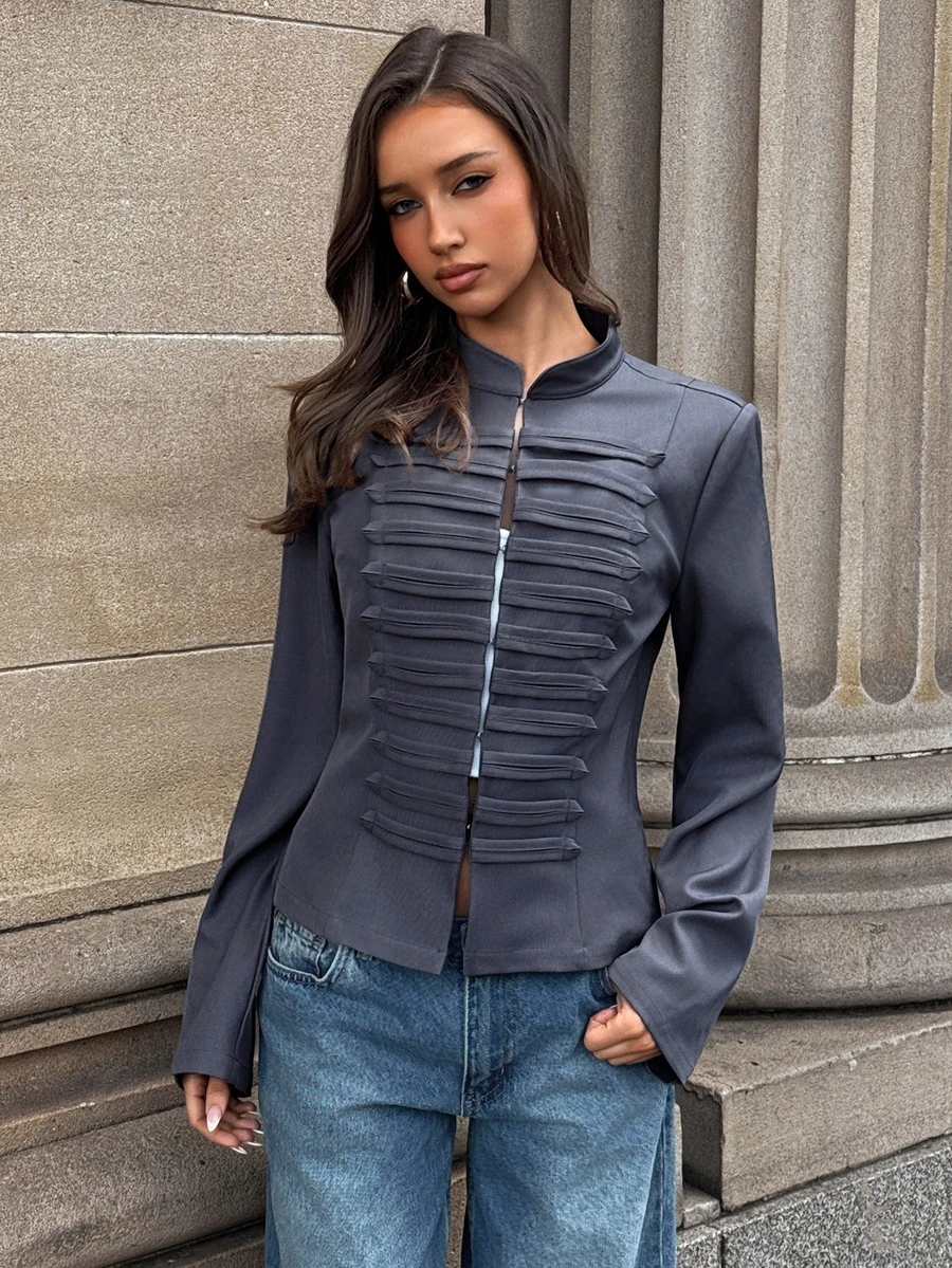 Aloruh Women's Solid Color Long Sleeve Casual Versatile Regular Fit Jacket,New Fall Styles - Dark Grey - View 1