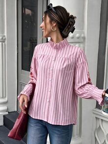 Flora Isola Flora Isola Women's Elegant Korean Style Commuter Ruffle Collar Striped Long Sleeve Blouse, Slimming Casual Striped Shirt (Random Pattern) - Pink - View 4