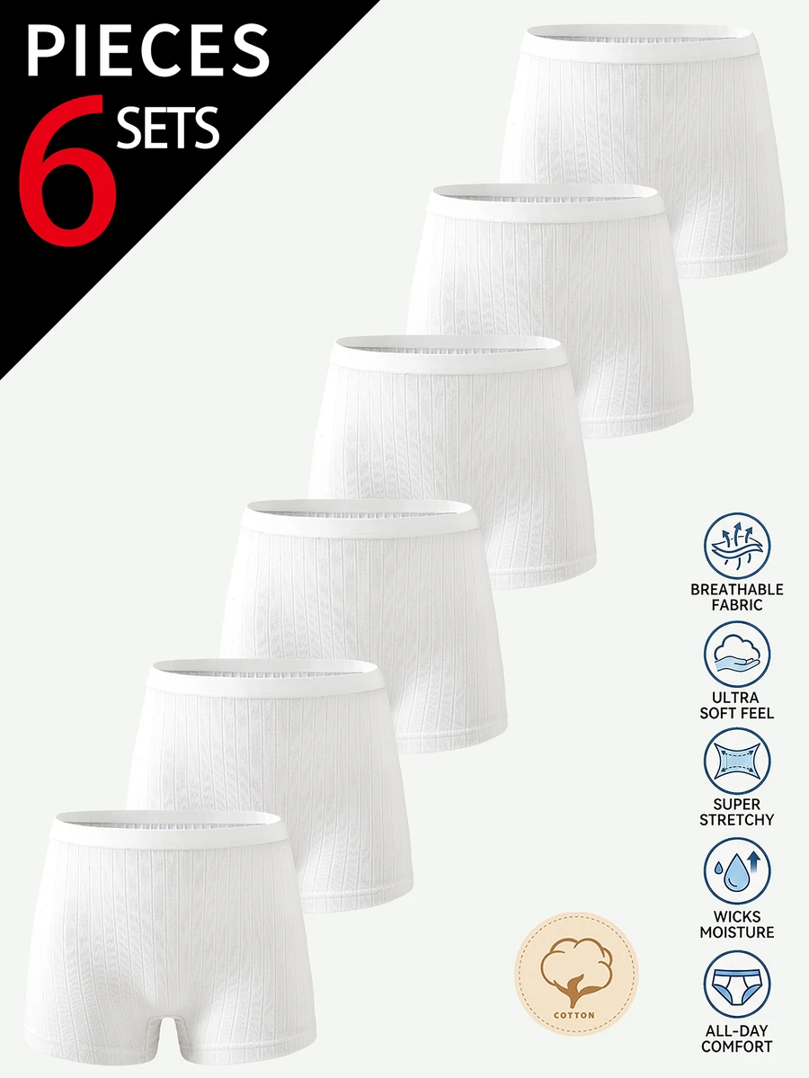 6pcs/Multi-Pack Women's Teen Minimalist Fashion Solid Color Traceable Cotton Square Hipster Panties - White - View 1