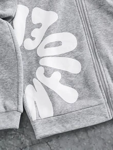 SHEIN 青少年男孩休閒舒適拼接連帽衛衣，字母圖案，適合秋冬、戶外玩耍、學校、街頭穿搭、派對與居家休閒 - 灰色 - 查看 7