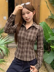 DAZY 純色領口修身短袖白色女式襯衫 - 棕色 - 查看 7