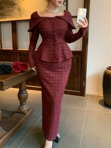 DAZY Women's Solid Color Long Sleeve Top And Skirt Fashion Set Fall - Burgundy - View 5