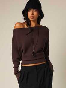 COSMINA Women's Casual Elegant Knit Cold Shoulder Sweater Brunch Dinner Dark Brown Fall - Brown - View 3