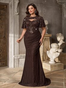 Aureia Plus Size Elegant Romantic Luxurious Coffee Color Sequin Lace Shawl Ruched Fitted Mermaid Tail With Train Heavy Embellishment Evening Gown - Coffee - View 6