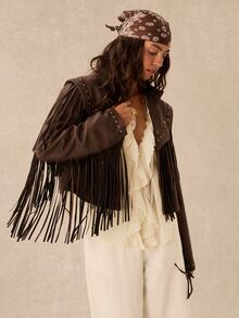 Easelle Chaqueta estructurada holgada para mujer con remaches y flecos, estilo bohemio nómada vintage - Marrón - Ver 4